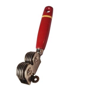 Vintage Ekco A&J pull-through knife sharpener with a red wooden handle. MCM